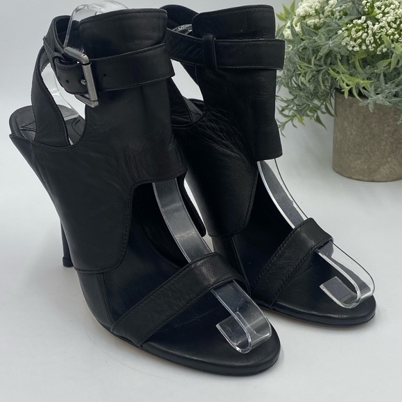 Leon Max Black Palor All Leather Open Toe Heels Wrap Ankle Sz 8M - Picture 1 of 16